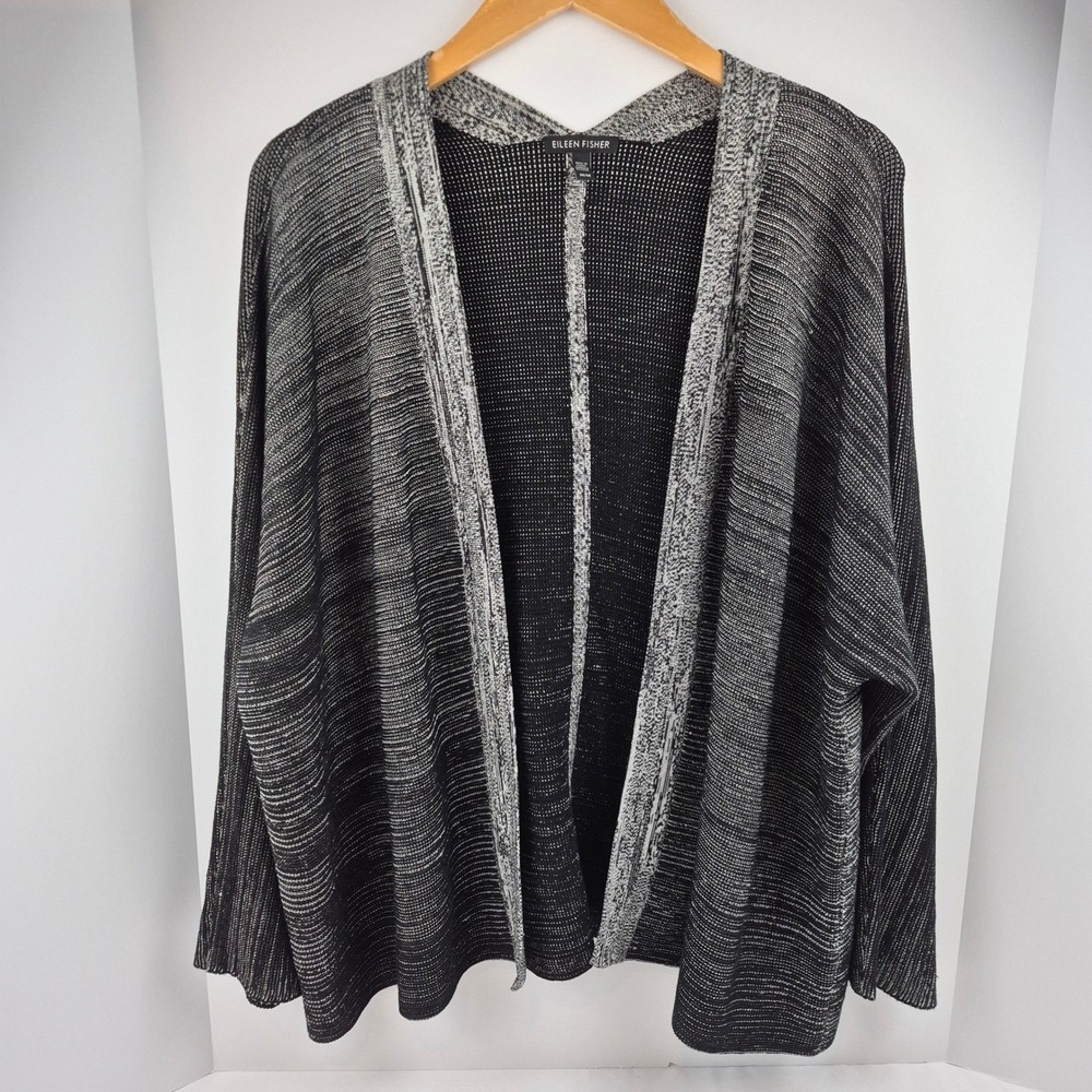 Eileen Fisher Knit Cardigan Sweater Black Gray Striped M Open Front